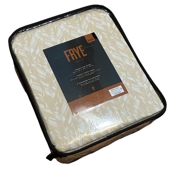 Frye Queen Sheet 4 Pc Set Flat Fitted Pillowcase Tan Feather 100% Cotton NEW - Picture 1 of 4